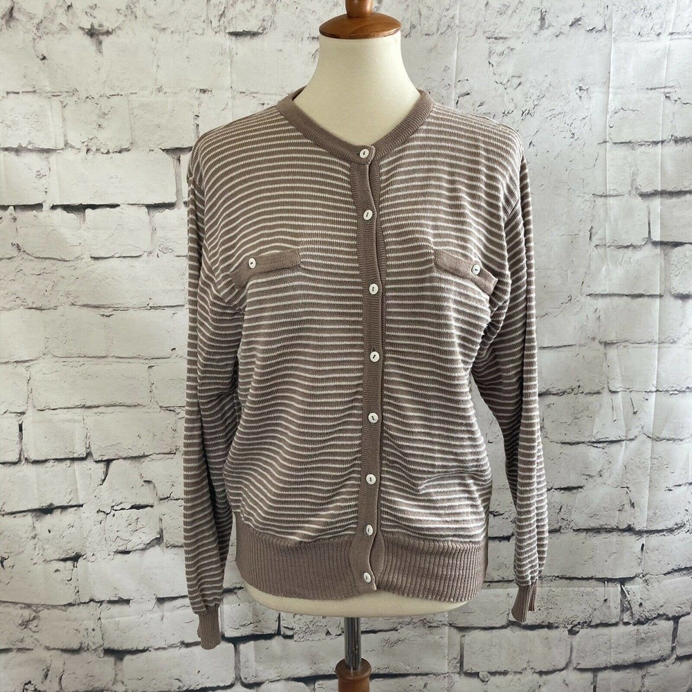 Jaeger Vintage‎ Striped Ivory cream button up cardigan sweater Size Medium